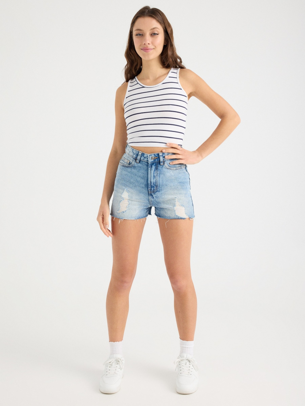 Striped cropped tank t-shirt white front view