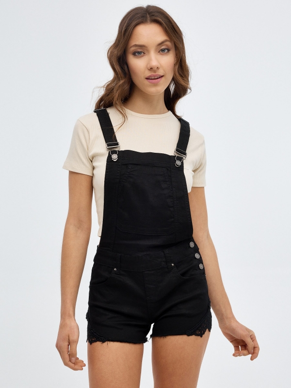 Dungarees combined crochet black front view