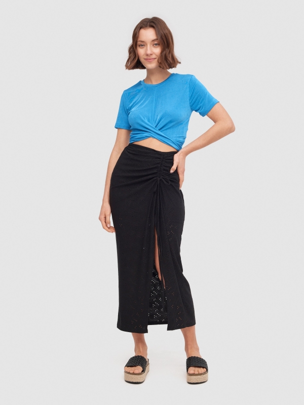 Ruffled midi skirt with slit black middle front view