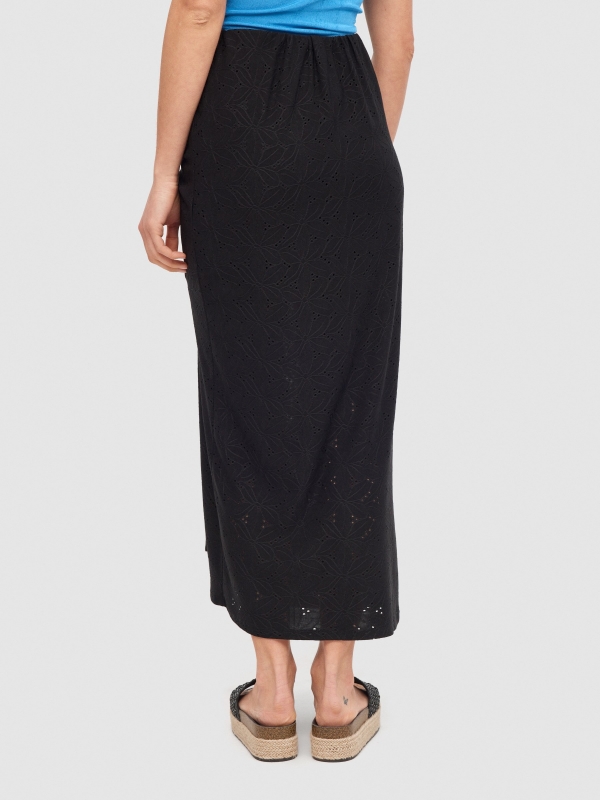Ruffled midi skirt with slit black front view