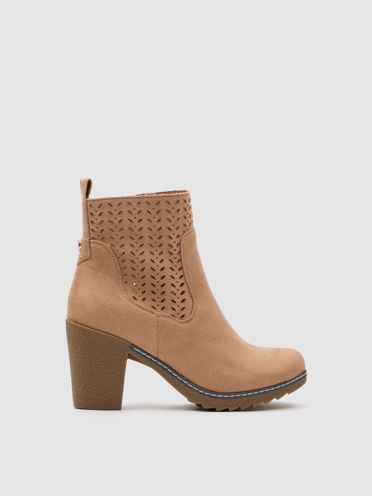 Suede-effect die-cut high-heeled ankle boot sand