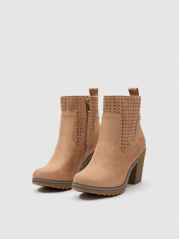 Suede-effect die-cut high-heeled ankle boot sand 45º front view