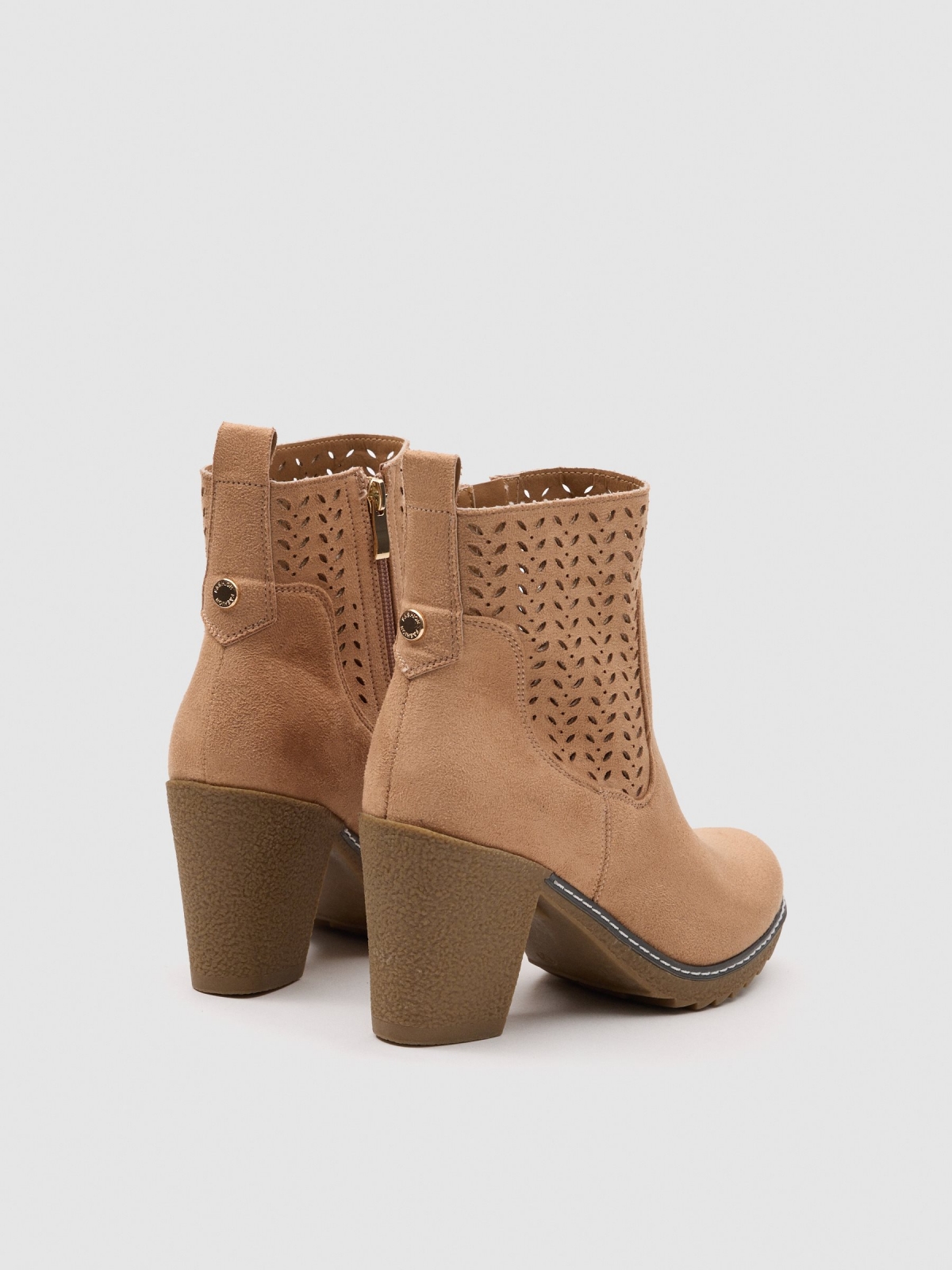 Suede-effect die-cut high-heeled ankle boot sand 45º back view