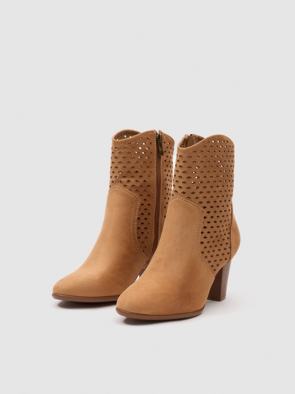 High-heeled mid-cut suede-effect ankle boot sand 45º front view
