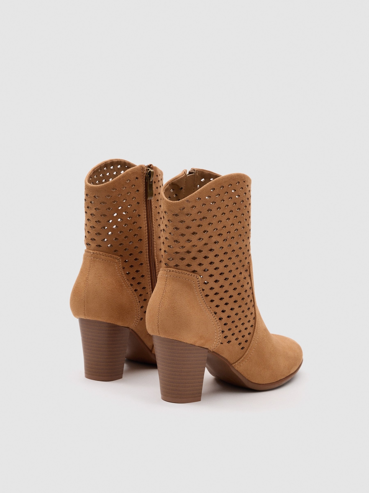 High-heeled mid-cut suede-effect ankle boot sand 45º back view