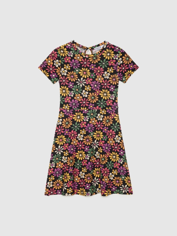  Daisy print short-sleeve mini dress multicolor