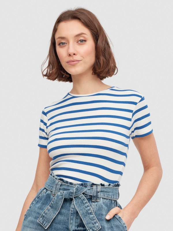 Rib striped T-shirt off white middle front view