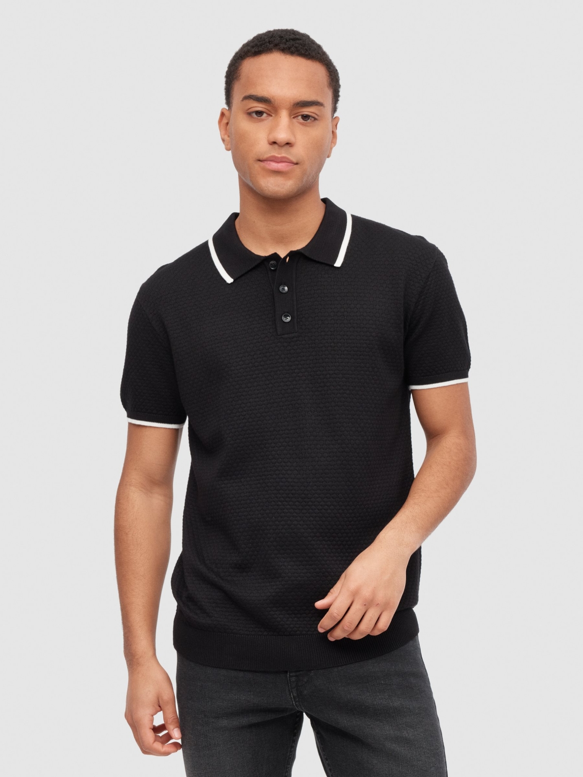 Knitted polo shirt black middle front view