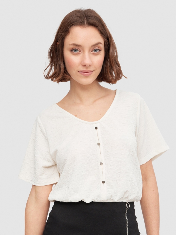 3/4 sleeve T-shirt with buttons off white middle front view