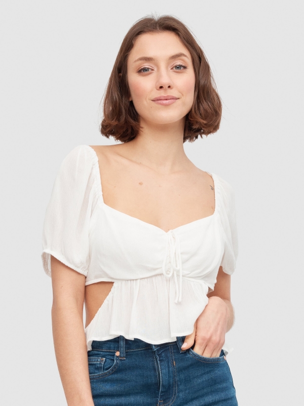 Blouse puffed cut out white middle front view