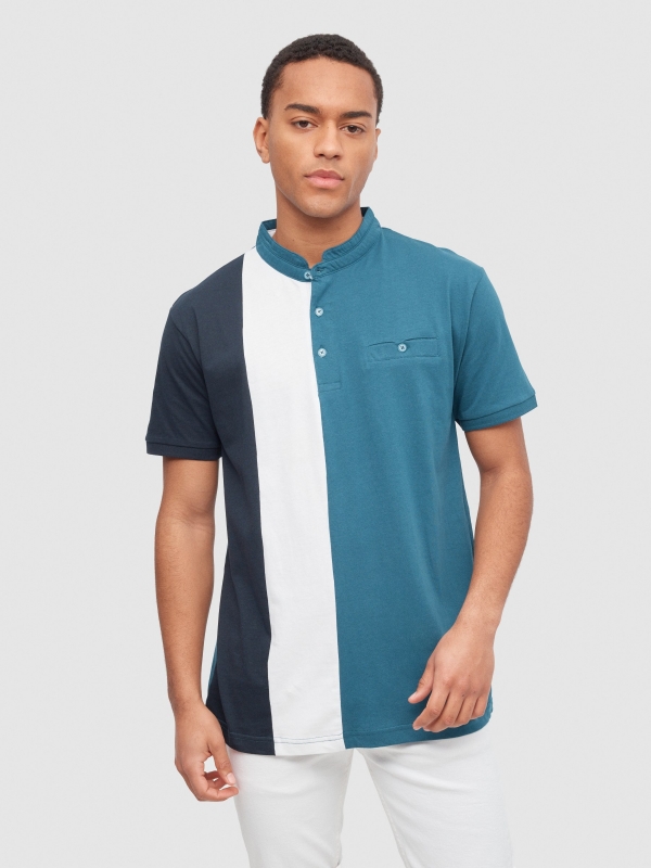 Mao colour block polo petrol blue middle front view