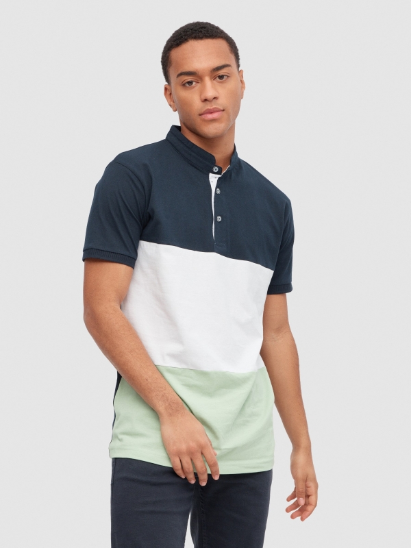Colour block polo shirt navy middle front view