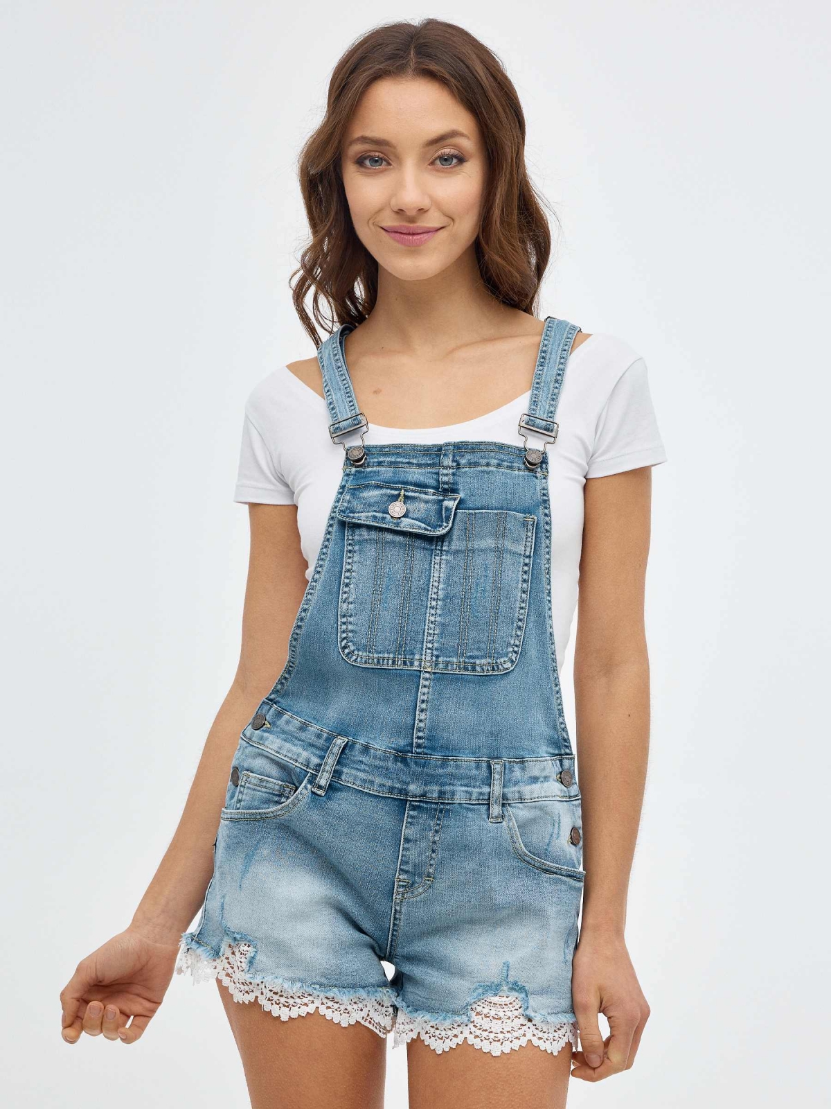 Denim dungarees with lace blue front view