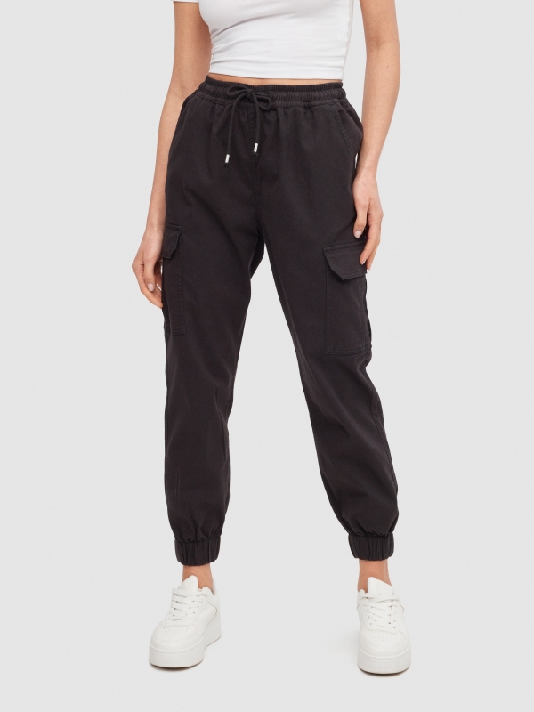 High rise cargo jogger pants black middle front view