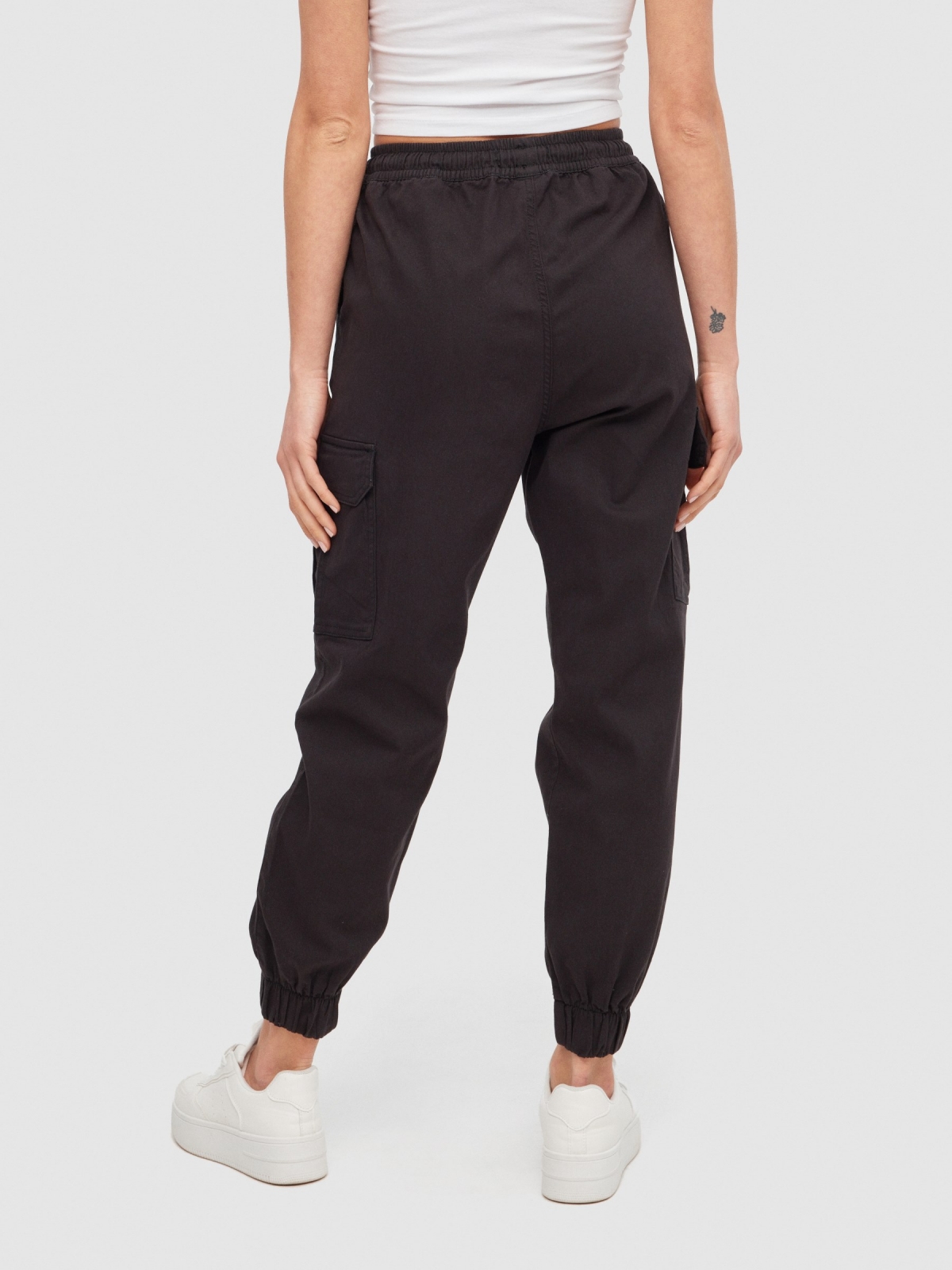 High rise cargo jogger pants black middle back view