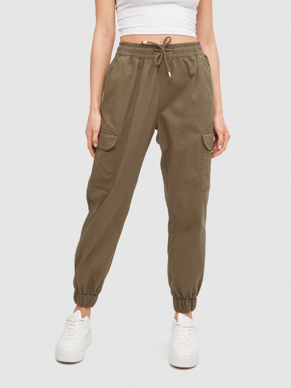 High rise cargo jogger pants khaki middle front view