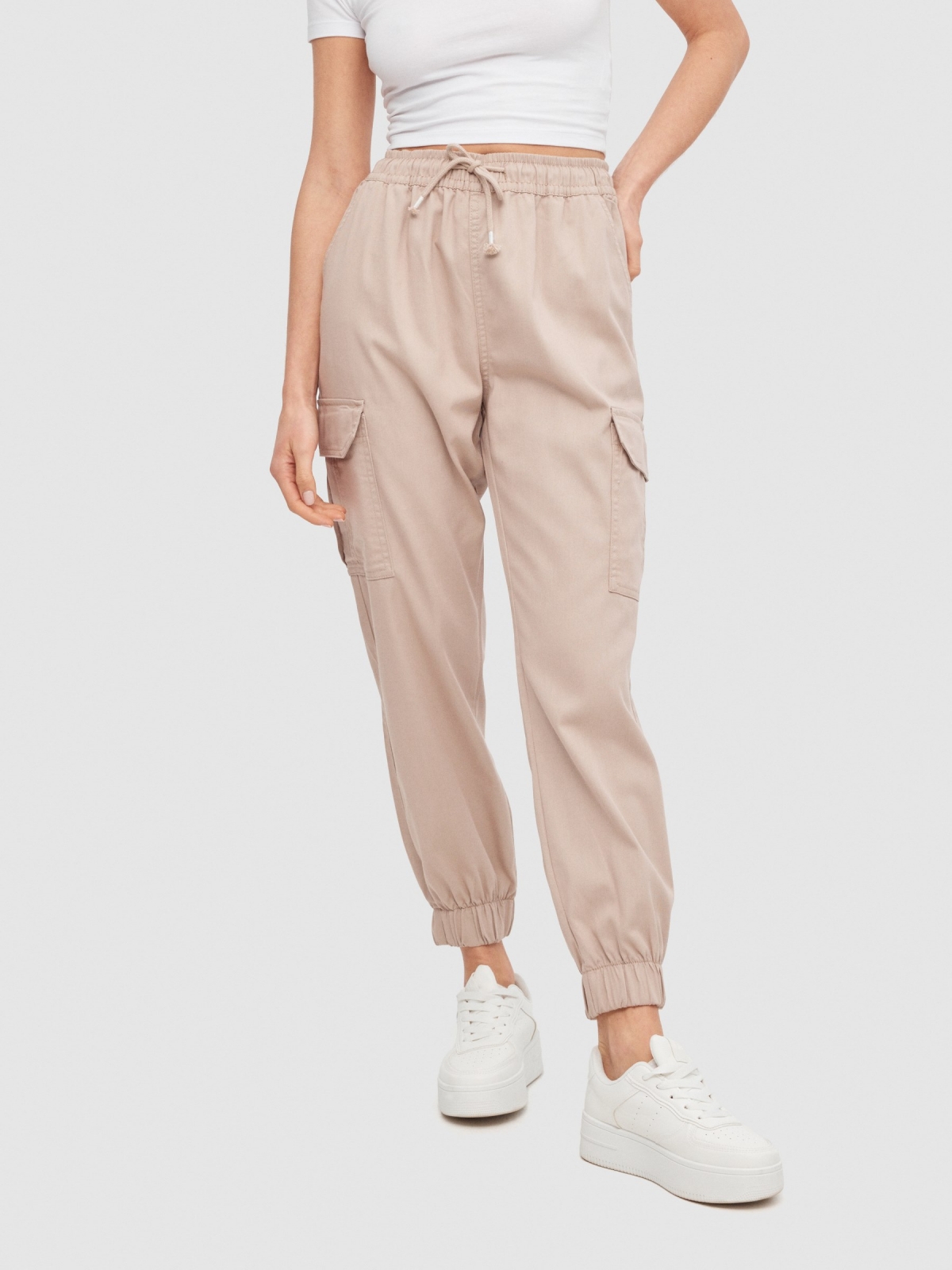 High rise cargo jogger pants sand middle front view