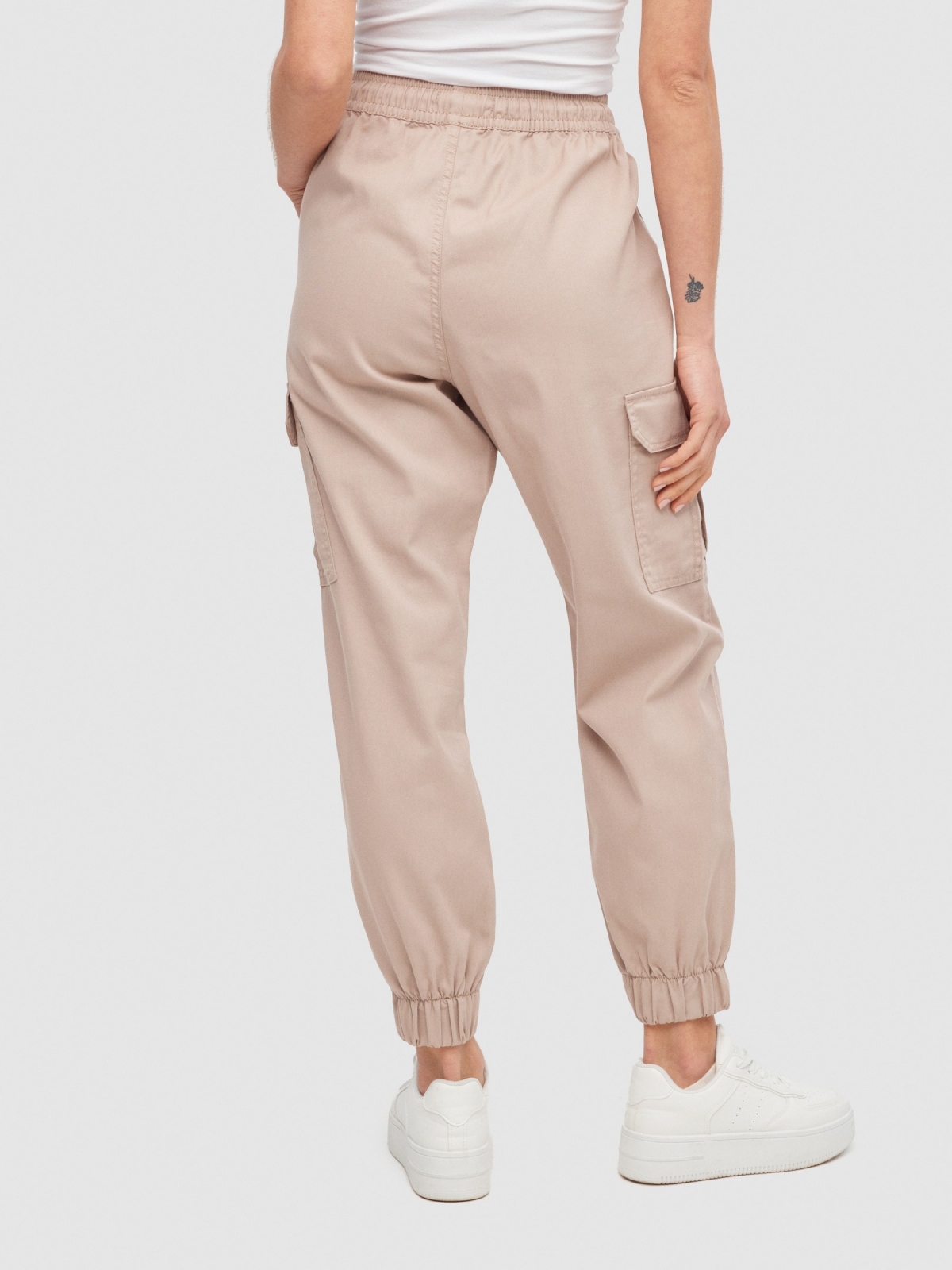High rise cargo jogger pants sand middle back view