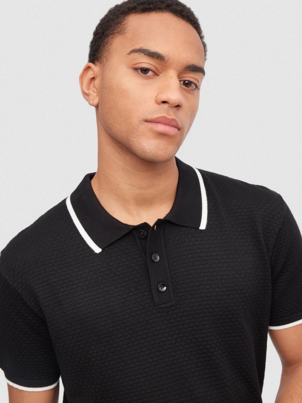 Knitted polo shirt black detail view