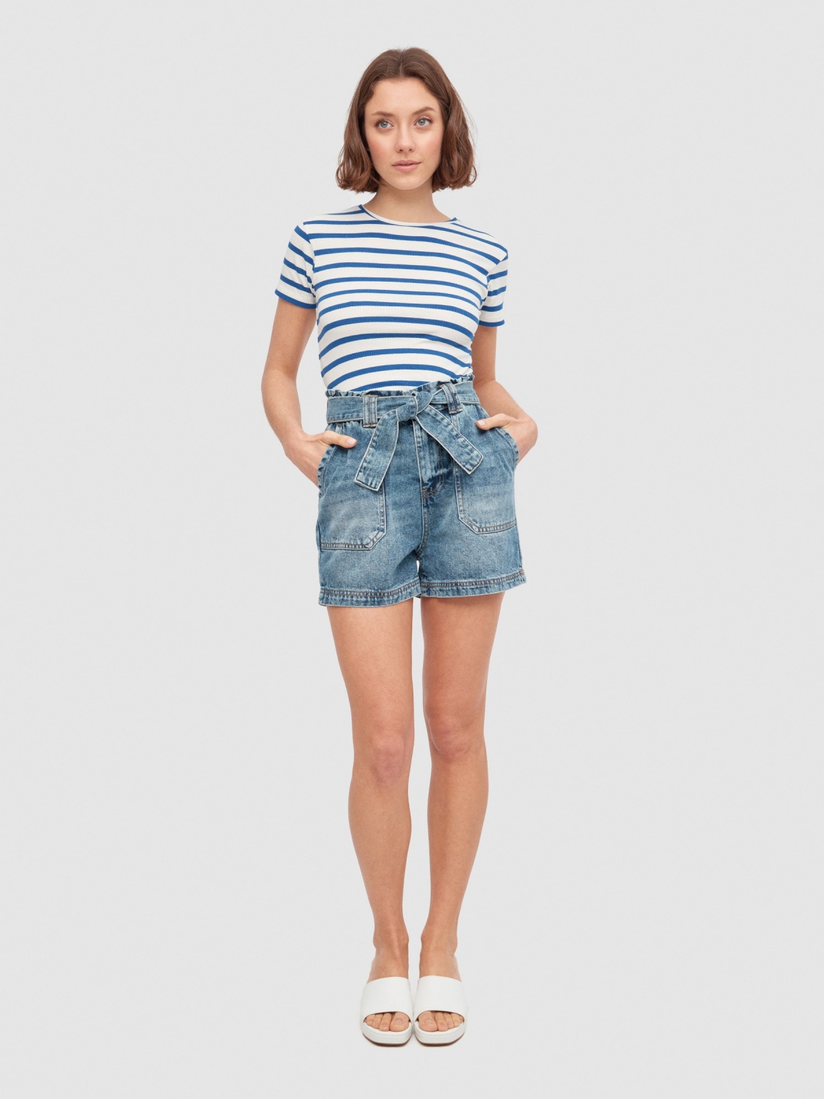 Denim shorts with bow blue front view