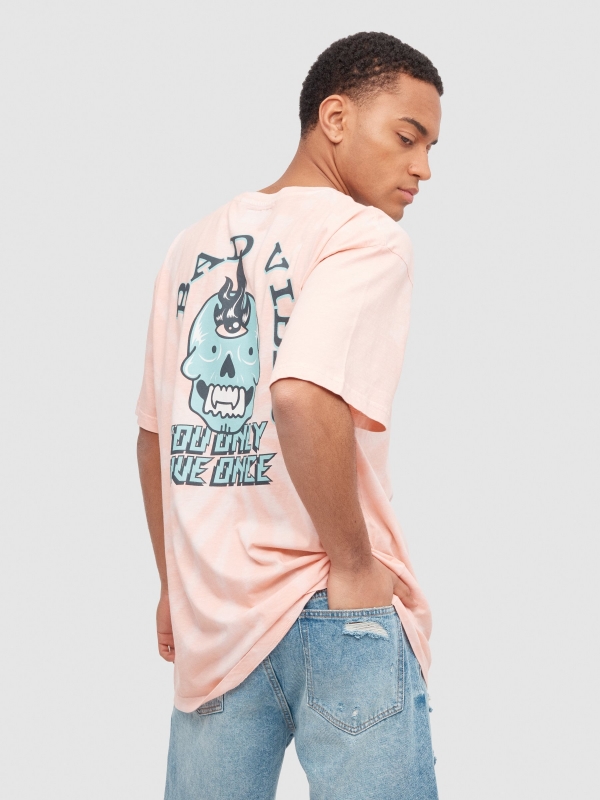 T-shirt de caveira tie dye rosa pêssego vista meia traseira