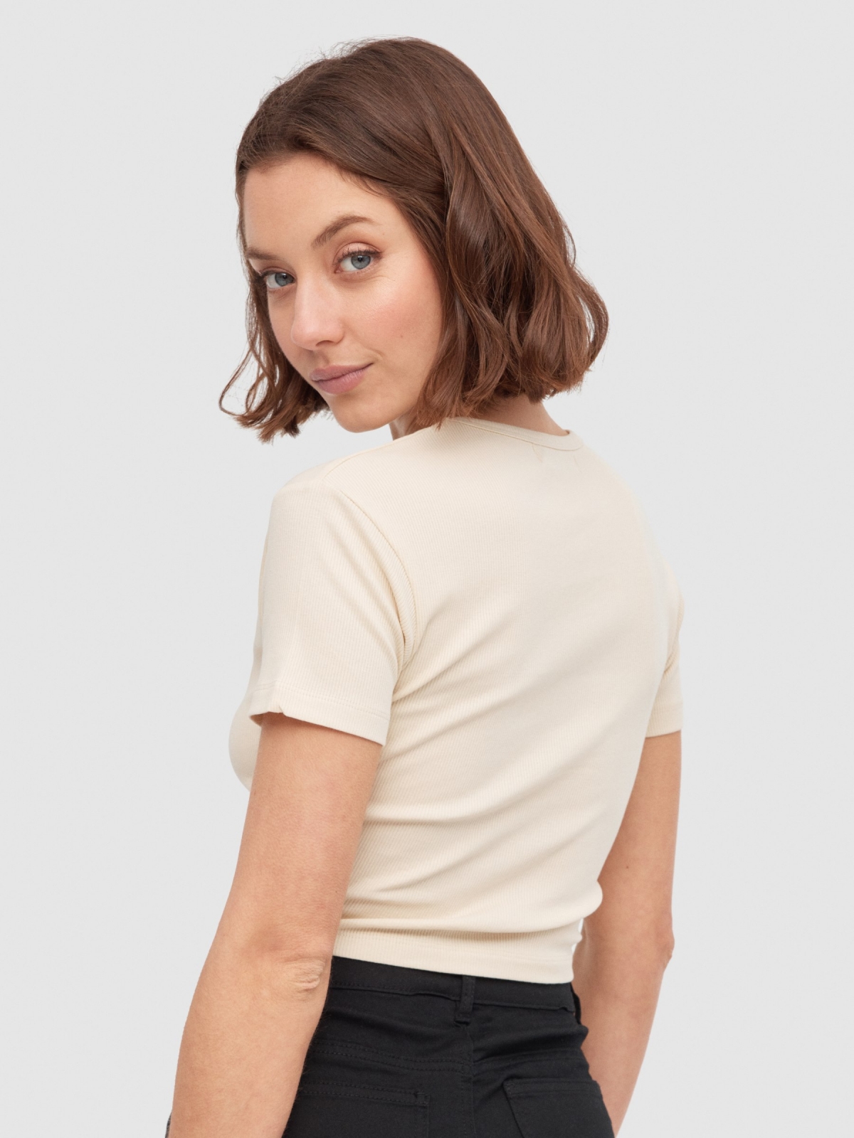Basic T-shirt with rib sand middle back view