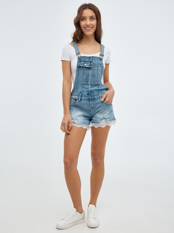 Denim dungarees with lace blue middle back view