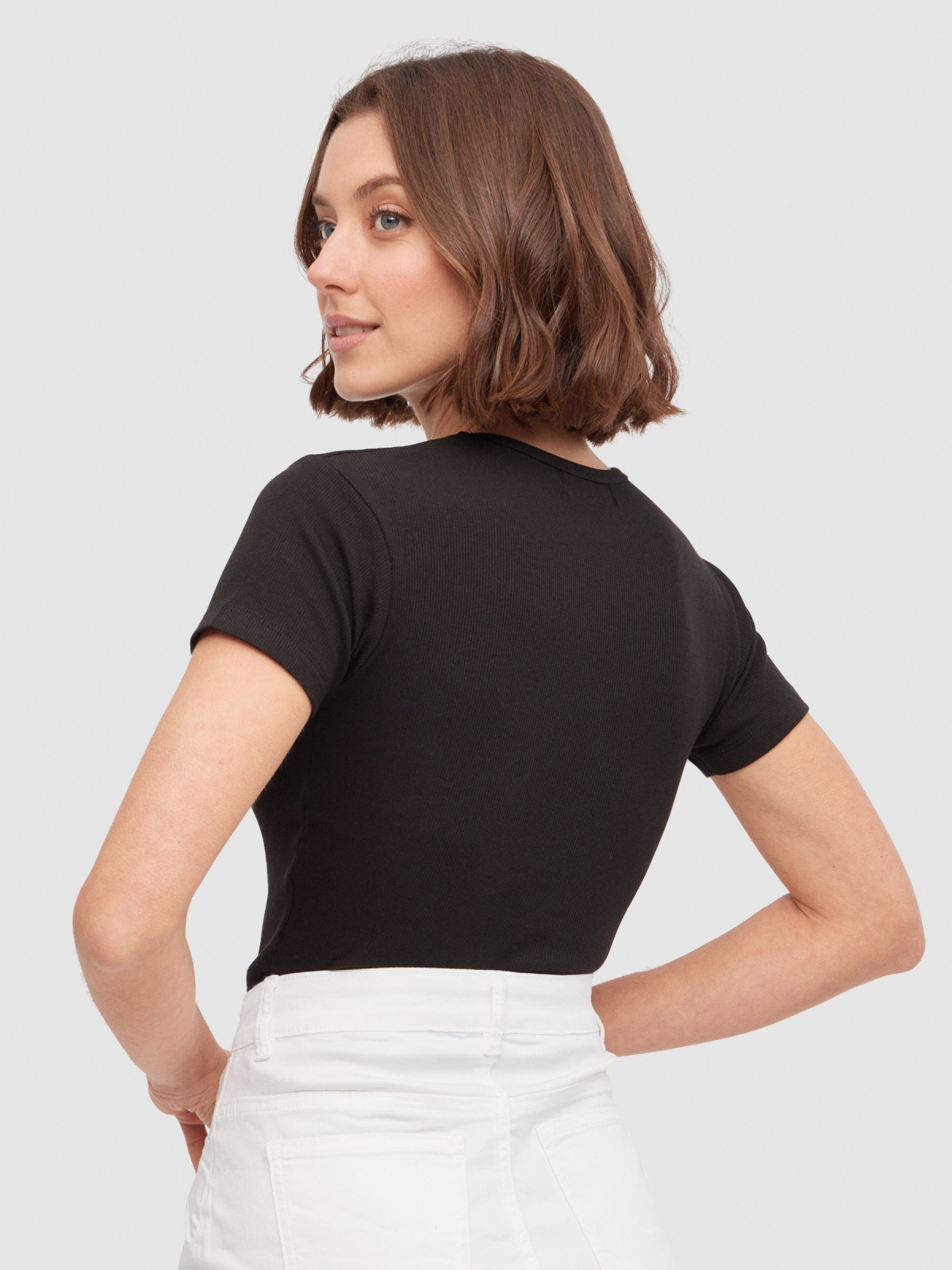 Basic T-shirt with rib black middle back view