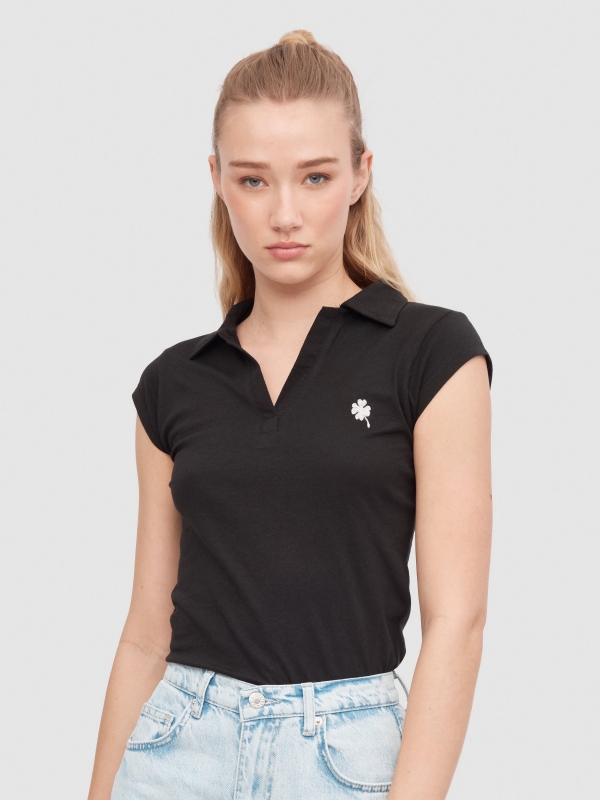 Polo t-shirt with embroidery black middle front view
