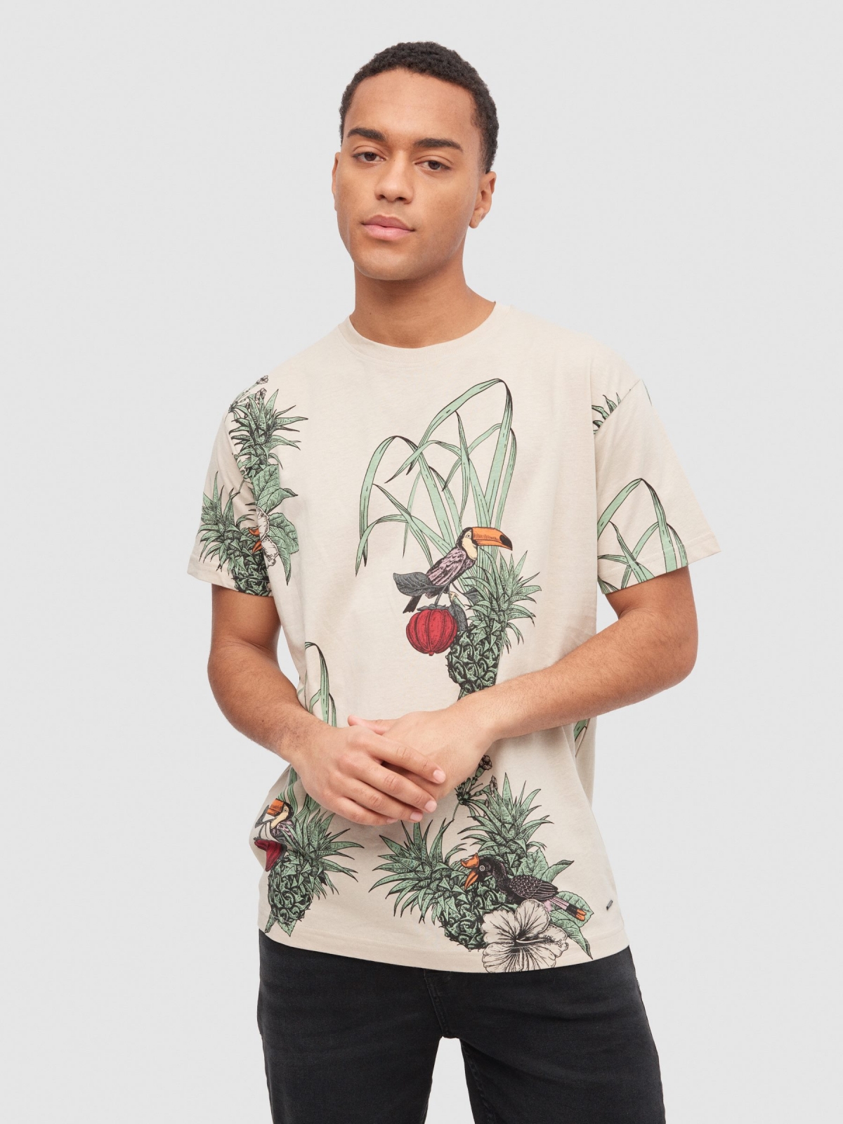 T-shirt tropical com ananás taupe vista meia frontal
