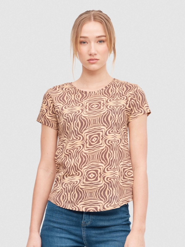 Psychedelic animal print t-shirt brown middle front view