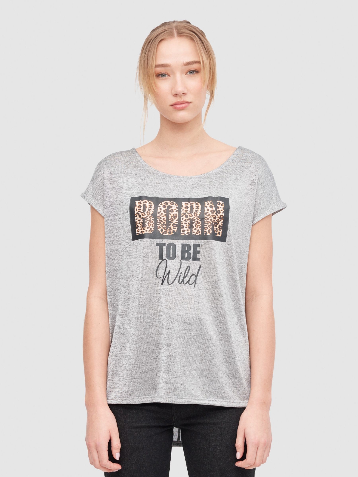 Animal print text t-shirt light melange middle front view