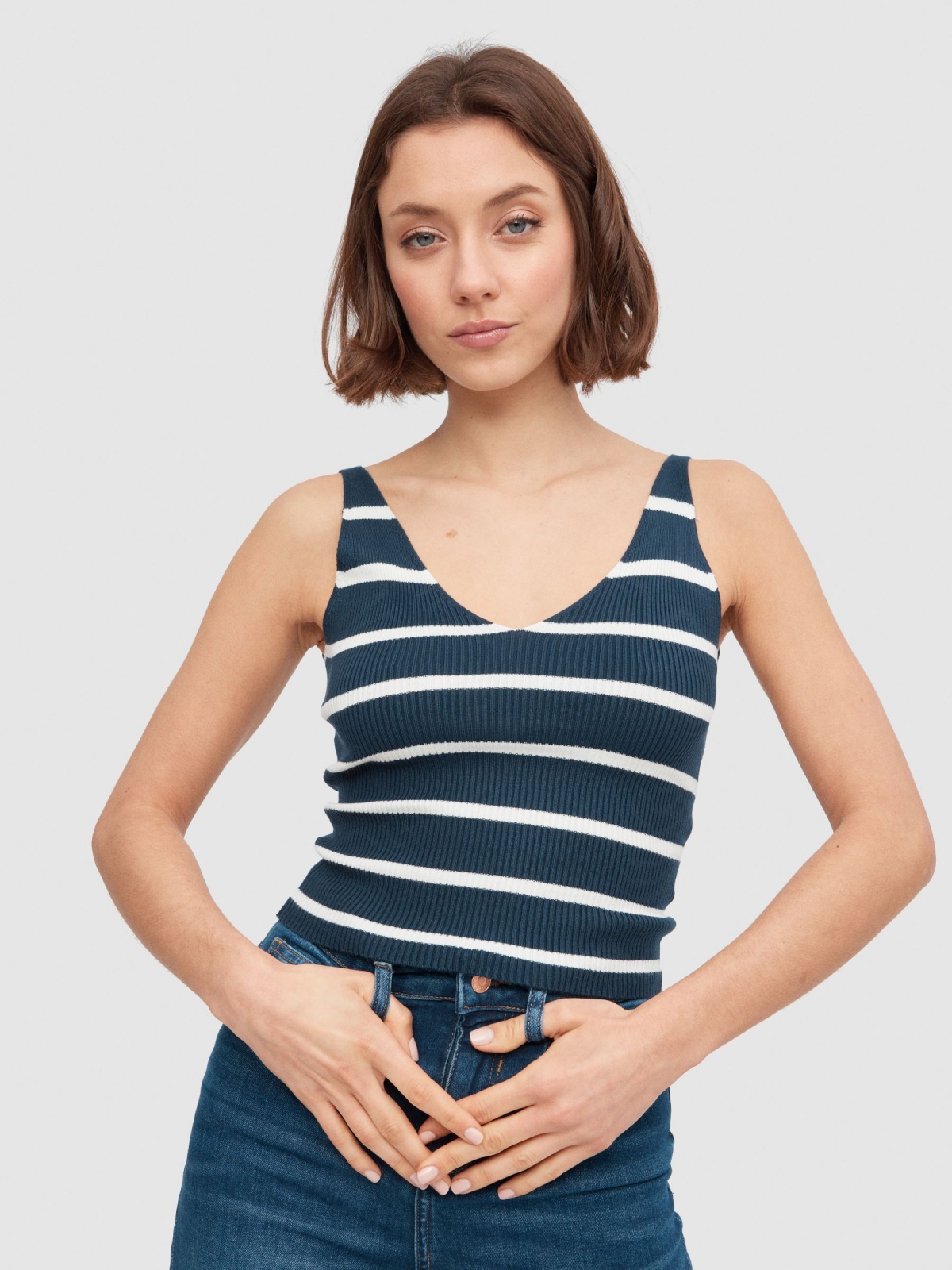 Striped knitted top navy middle front view