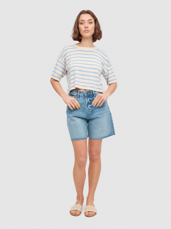 High-waisted denim shorts blue front view