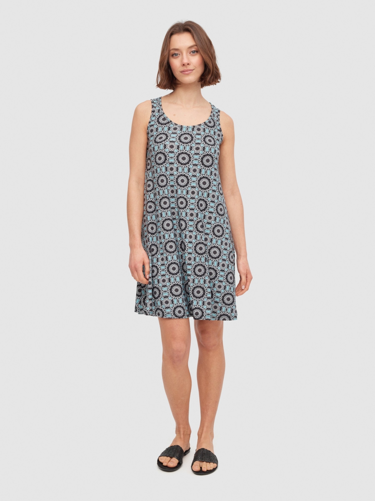 Flared small-flower print dress black front view