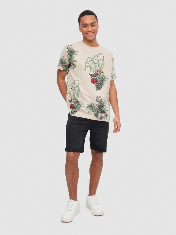 T-shirt tropical com ananás taupe vista geral frontal