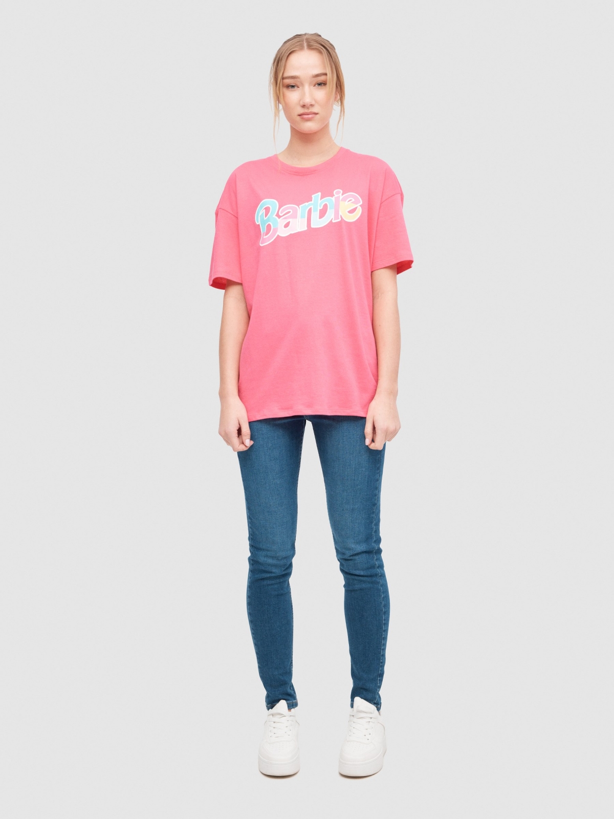 T-shirt oversize Barbie rosa vista geral frontal
