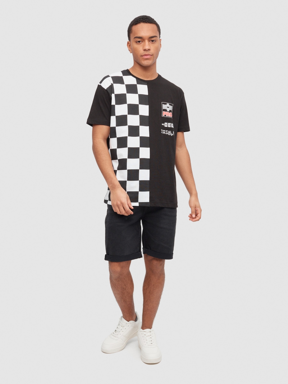 Racing flag t-shirt black front view