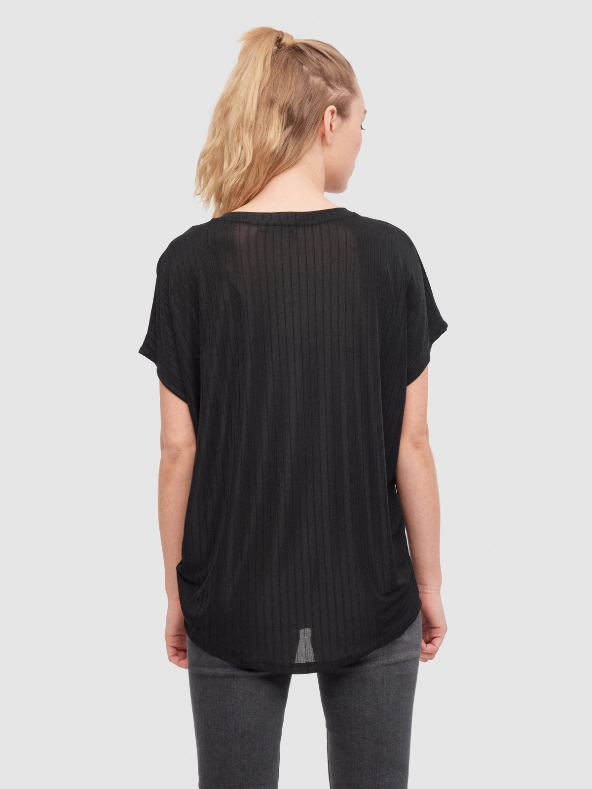 Rib asymmetrical hem T-shirt black middle back view