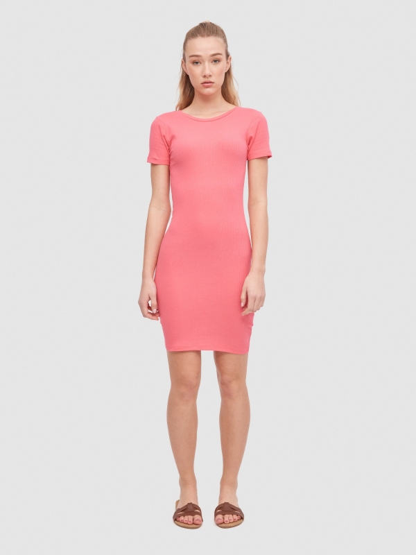 Basic ribbed dress coral front view