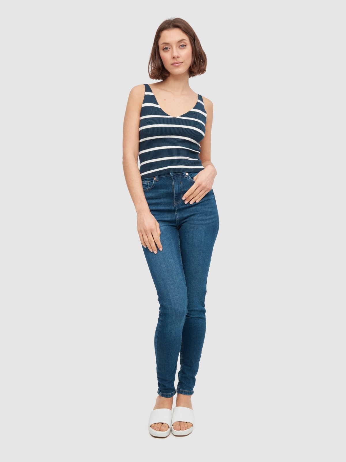 Striped knitted top navy front view