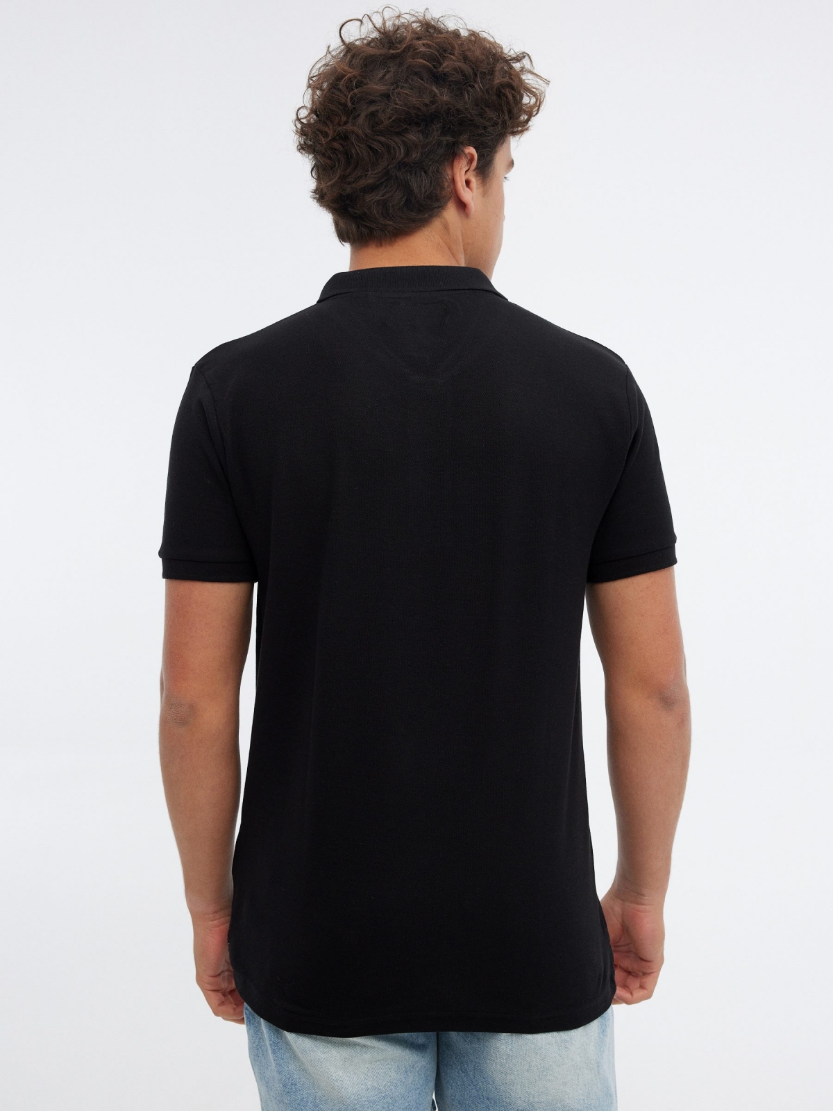 Basic polo shirt with engraved logo black/beige middle back view