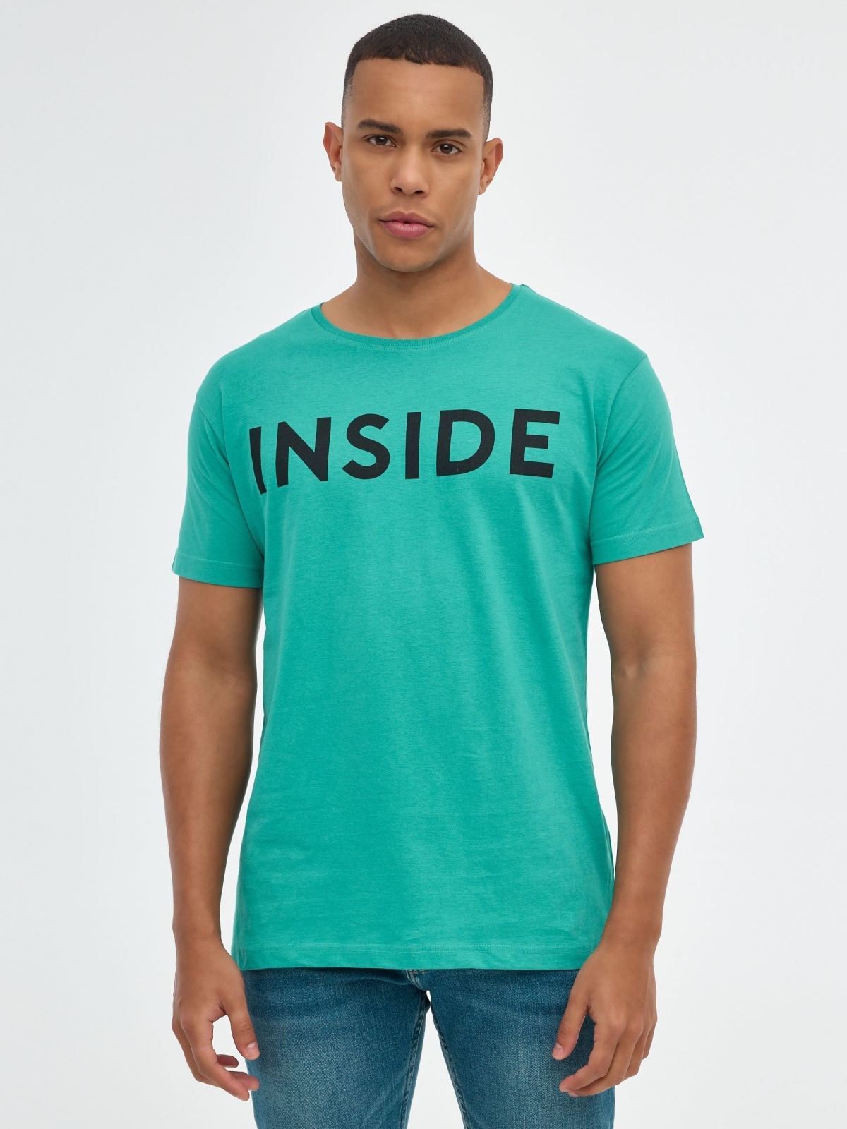 T-shirt básica "INSIDE verde água vista meia frontal