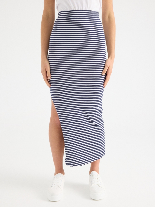 Long striped skirt navy middle back view