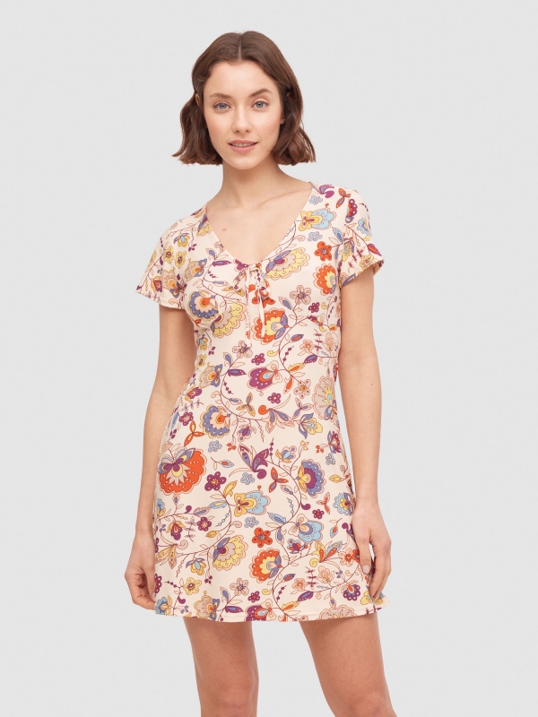 Psychedelic flower print mini dress multicolor middle front view