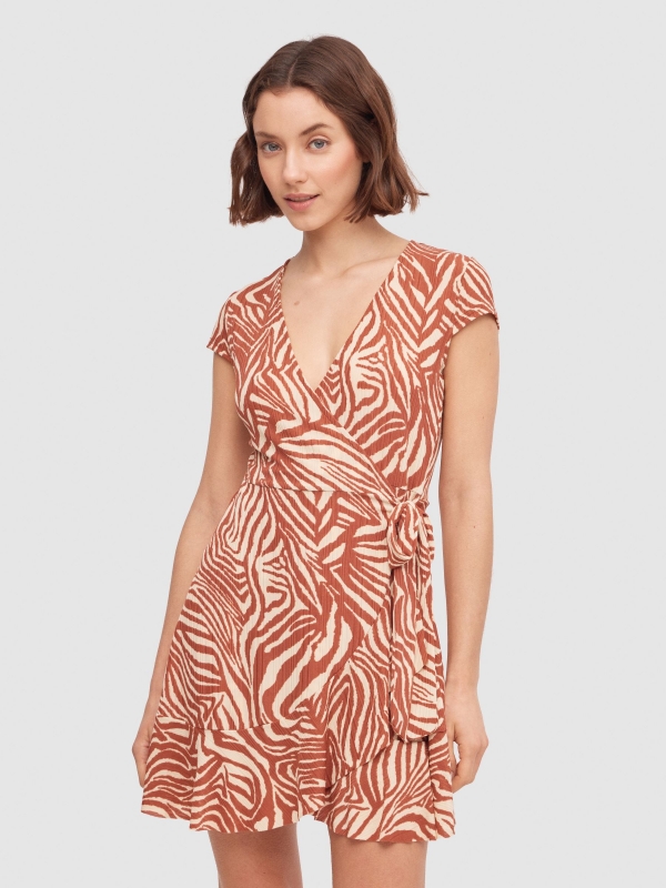 Tiger crossover neckline mini dress sand middle front view
