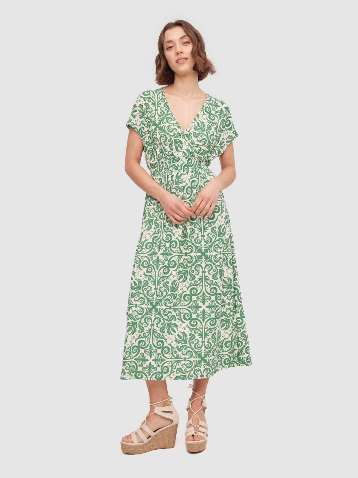 Elastic waist midi dress green middle front view