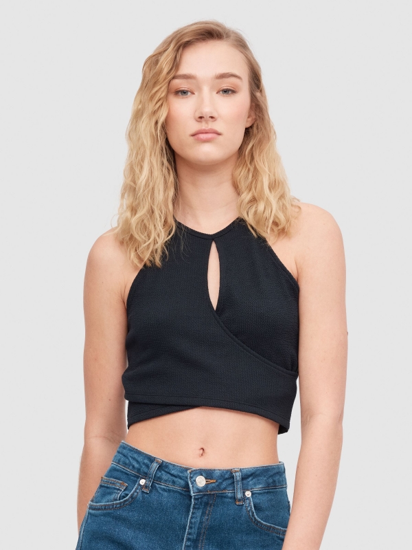 Halter crossover top black middle front view
