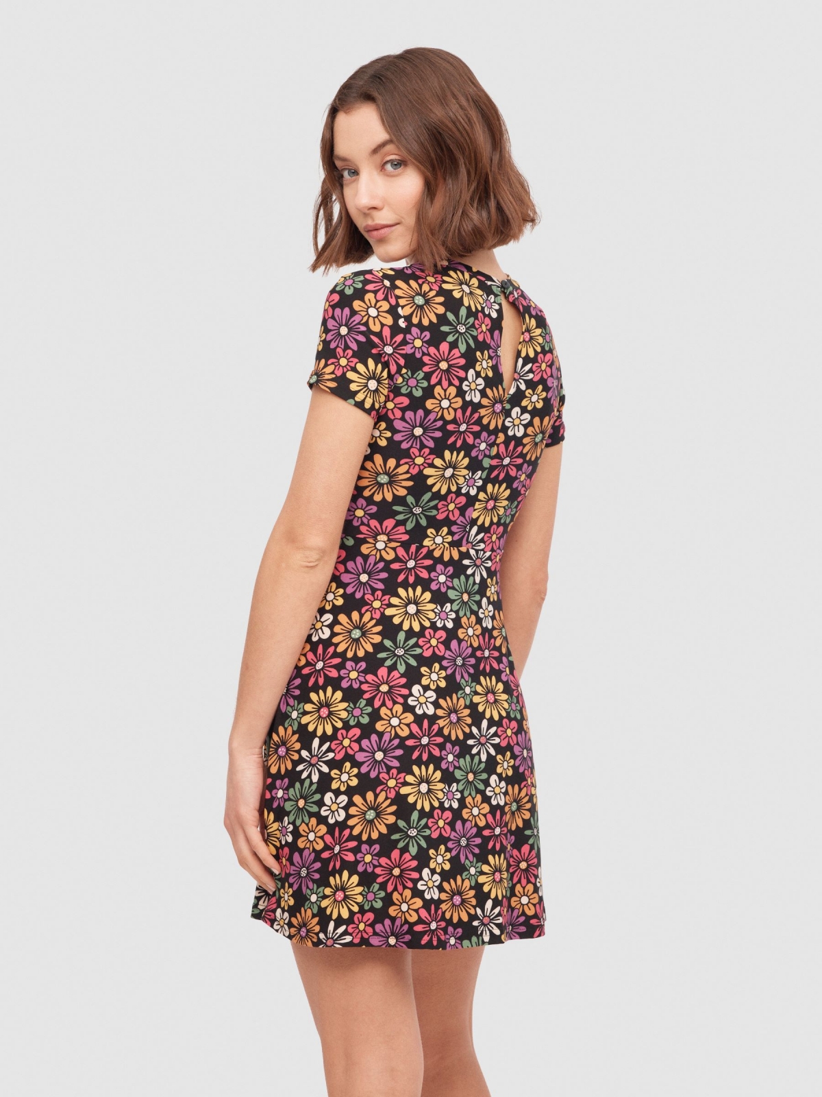 Daisy print short-sleeve mini dress multicolor middle back view