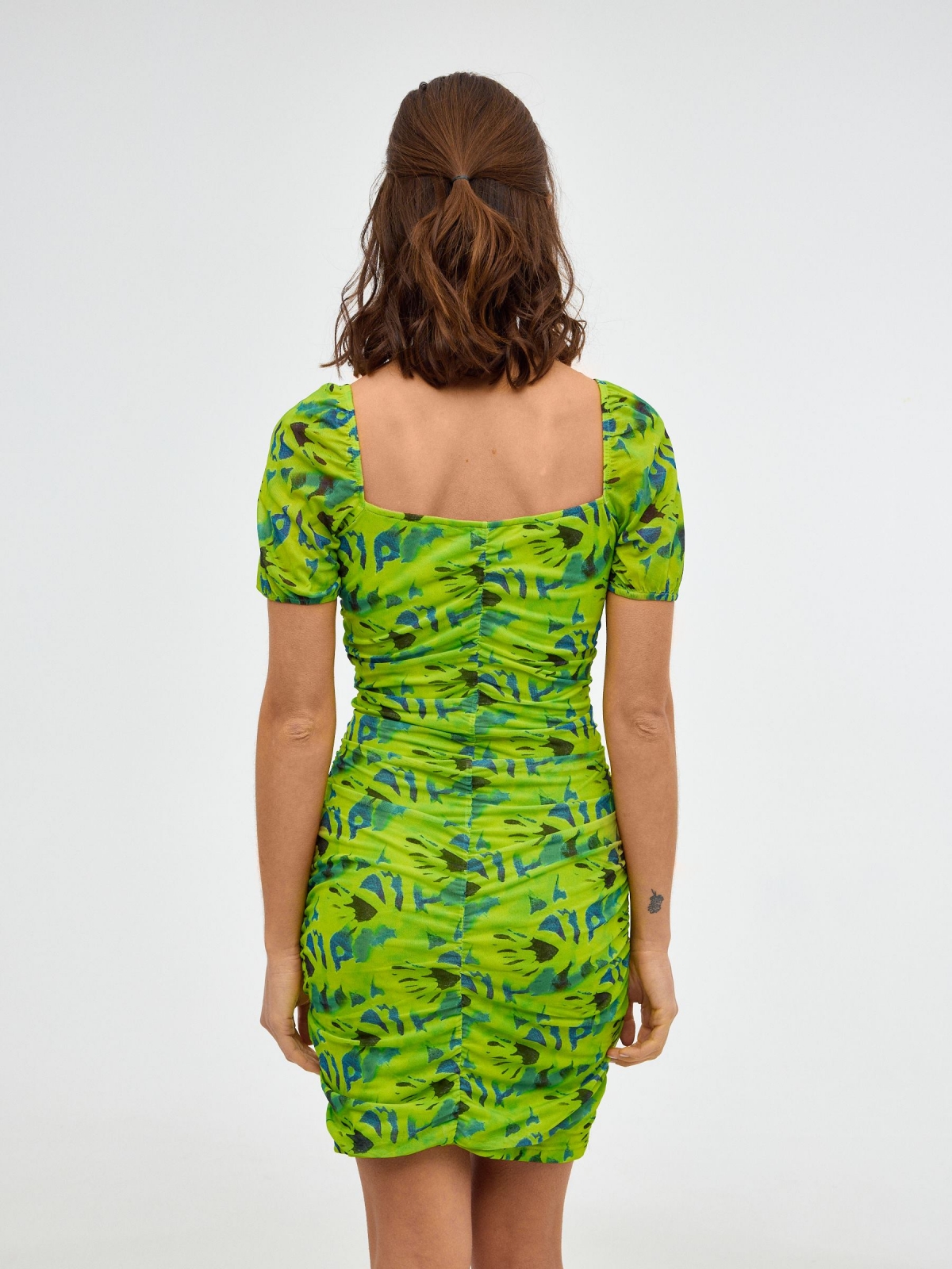 All-over print tulle mini dress lime middle back view